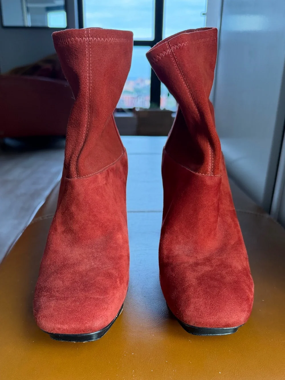 Tory Burch Red Suede Block Heel Ankle Boots with Logo Heel Accent